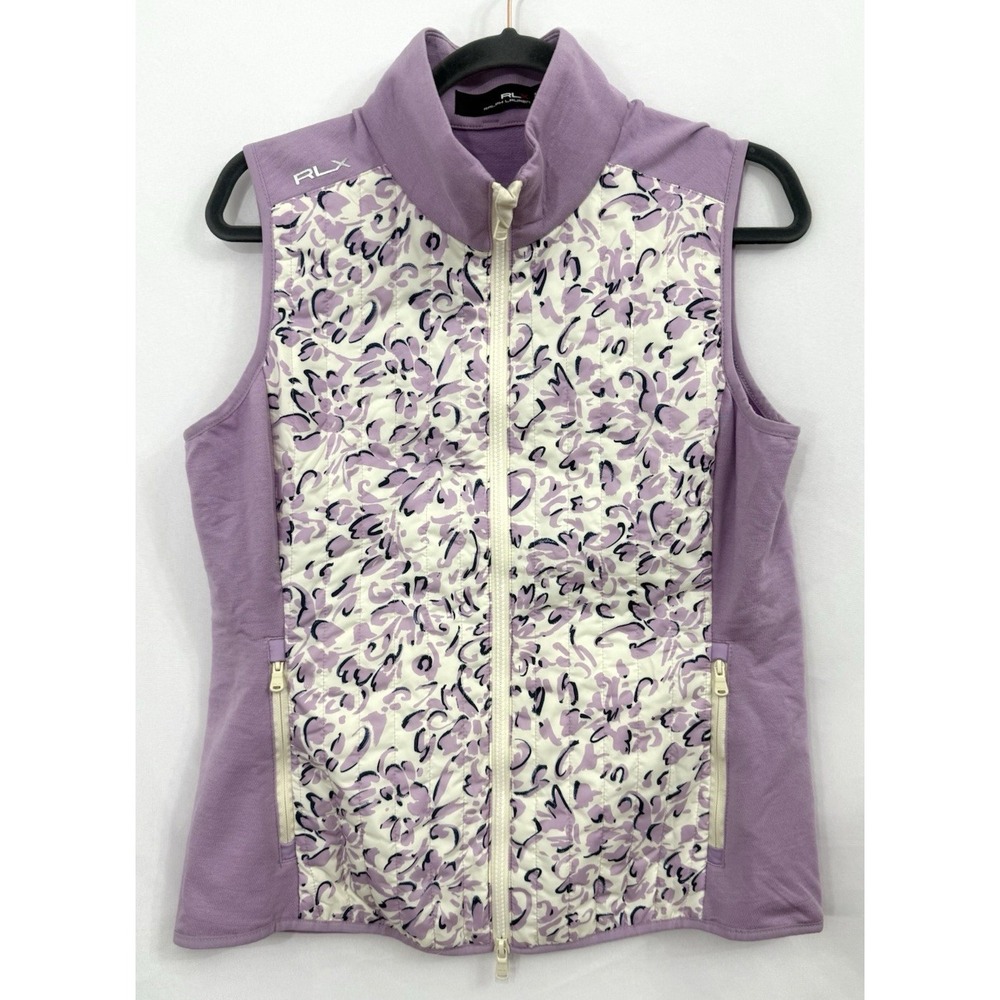 RLX Ralph Lauren Quilted Front Hybrid Vest Pockets Purple Floral Zip Womens M